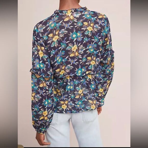 Meadow Rue Strasser Embroidered Peasant Blouse Small Blue Anthropologie XXS - Picture 12 of 13